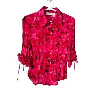 Caviar Womens Pink Black Tie Dye Pleated Button Down Shirt Small Petit‎ Tie Cuff
